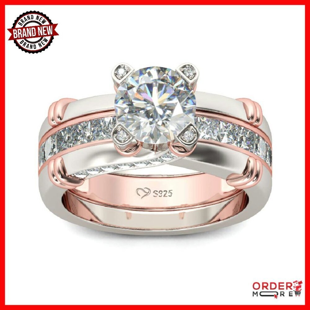 Sterling Silver Diamond Ring Set Size 7 Wedding Engagement Bridal